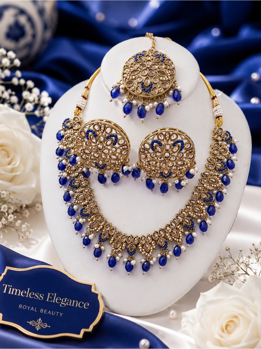 Royal Beauty Women's Blue and Gold Necklace Set